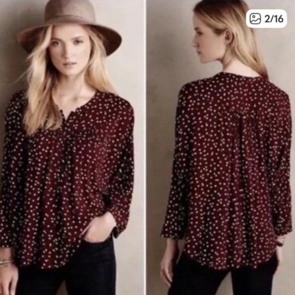 Anthropologie Maeve‎ Womens Polka Dot Linden Blouse  Burgundy Long Sleeve Small